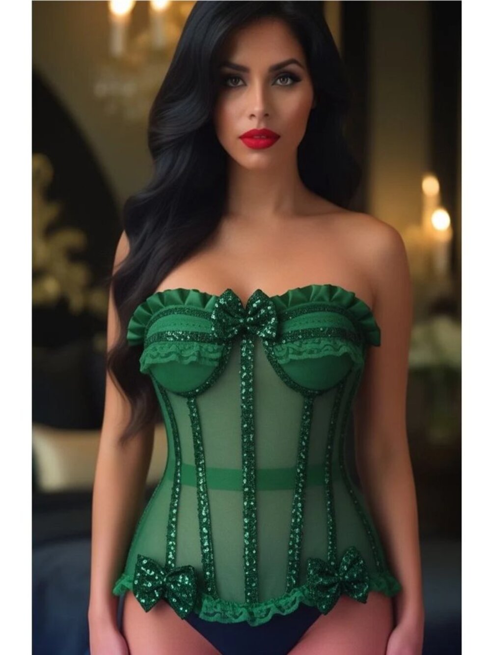 NWT New Top Drawer Steel Boned Green Sequin Underwire Bustier Corset Size XS